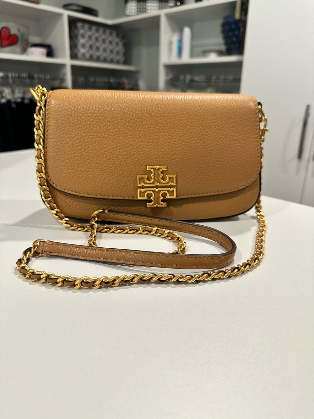 Tory Burch Camel/Tan Pebbled Leather Crossbody with Gold Logo Chain